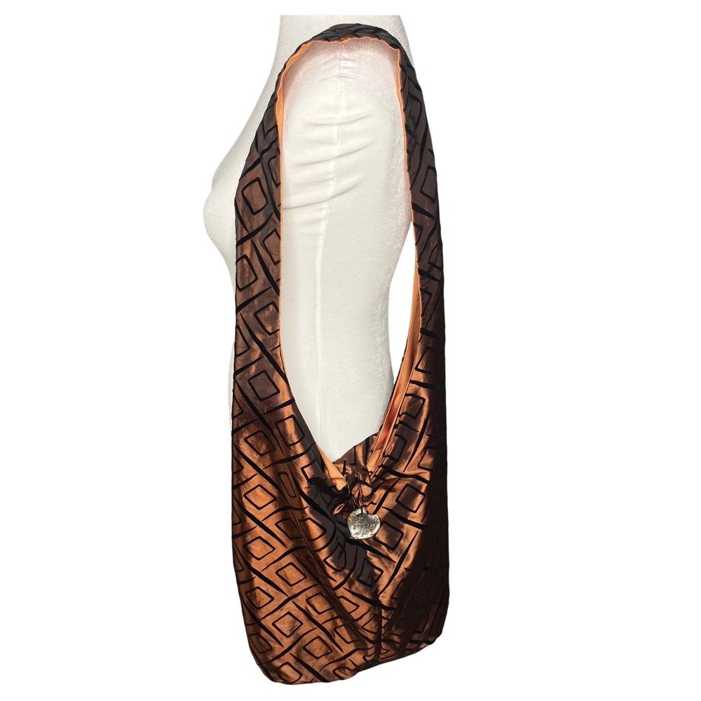 Handmade Slouchy Hobo Shoulder Bag Brown Geometric Art Glass Heart Closure Funky